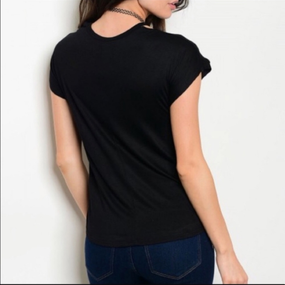 True love flaming rose 'true love' peek-a-boo sleeve cold shoulder t-shirt - Picture 2 of 2